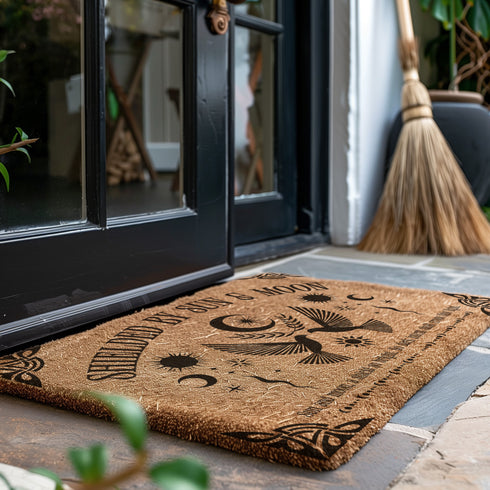 Natural coir doormat featuring two symmetrical doves beneath a crescent moon, surrounded by celestial and botanical accents. The phrase Shielded by Sun & Moon is stenciled above, with a protective incantation at the base. Non-slip vinyl backing for outdoor use.
