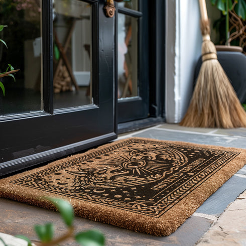 Grimoire and Goblet eco-friendly coir doormat featuring a mystical black wolf pack design. Two wolves face each other with a central all-seeing eye and celestial moon phases above. The text Protected Threshold anchors the bottom. A decorative celtic knot border frames the rug. The material is natural tufted coconut fiber with a non-slip black vinyl back. This gothic home decor piece serves as a spiritual ward and durable outdoor welcome mat for a witchy or dark academia entryway.