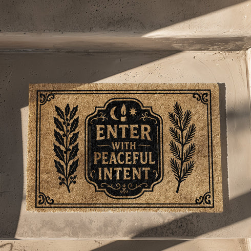 A rectangular tufted coir doormat from Grimoire and Goblet. The mat is a natural, textured brown, providing a high-contrast background for the black, gothic-style design. In the center, a decorative plaque, reminiscent of a vintage grimoire page, features the words "ENTER WITH PEACEFUL INTENT" in a serif font. Above the text is a small celestial crescent moon and star. Flanking the central plaque are two large, symmetrical botanical laurels or fern branches.