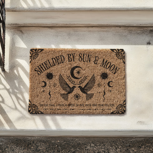 Natural coir doormat featuring two symmetrical doves beneath a crescent moon, surrounded by celestial and botanical accents. The phrase Shielded by Sun & Moon is stenciled above, with a protective incantation at the base. Non-slip vinyl backing for outdoor use.
