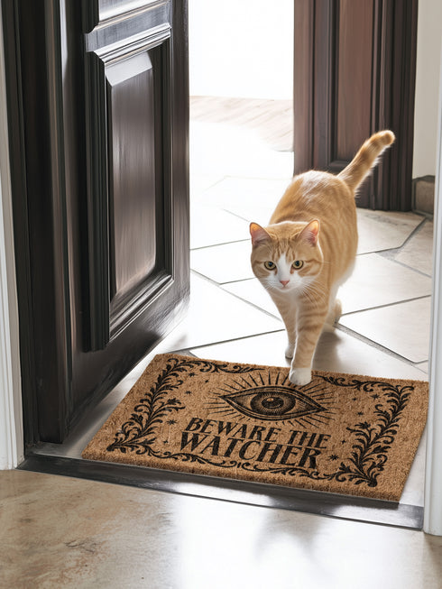 Coir doormat printed with “Beware the Watcher” in black ink, featuring a central all-seeing eye, ornate floral border, and star accents. Shown on outdoor stairs and entryways. Made from natural coconut fiber with black vinyl backing. A bold, mystical gift for witches, goth home lovers, and spiritual housewarmings.