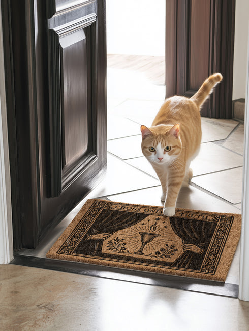 A rectangular doormat made from natural, textured brown coir fiber, featuring a striking black gothic design for spiritual threshold protection. The centerpiece of this witchy welcome mat is a sacred flaming chalice, set between two parted curtains for a dramatic entryway statement. Above the occult imagery, the phrase 'Cross Only In Truth' is printed in a mystical font reminiscent of ancient spellbooks, making this metaphysical and dark academia decor a powerful symbol for a protected home. This is a doorm