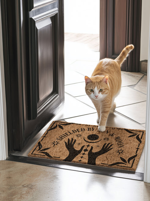 Natural coir doormat featuring black silhouettes of two open hands reaching toward a crescent moon and sun, surrounded by celestial and botanical details. The phrase Shielded by Sun & Moon is hand-stenciled above, with a non-slip vinyl backing for outdoor use.