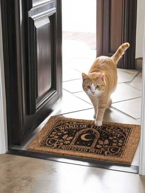 A rectangular natural tan doormat featuring a gothic celestial moon phase design in high-contrast black ink. The central crescent moon is detailed with mystical flourishes and surrounded by a symmetrical line of moon phases and twinkling stars. This 2D flat print is applied to coarse, tufted coconut coir fiber for a vintage grimoire aesthetic. The doormat includes a heavy-duty black vinyl non-slip backing and is designed as a functional accent for a dark academia or witchy porch entryway.