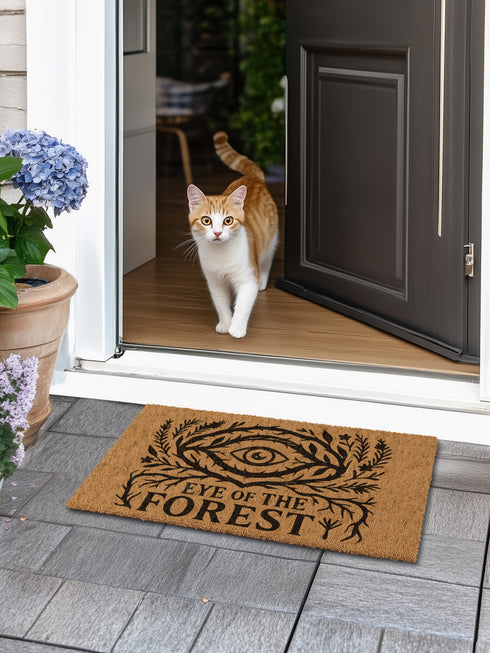 Rectangular coir doormat featuring black-ink artwork of a large all-seeing eye surrounded by branches, leaves, and forest flora. Beneath the design, the phrase “Eye of the Forest” is printed in bold serif font. Made from natural coconut coir with a vinyl backing, the mat measures 24 by 16 inches and is suitable for outdoor entryways.