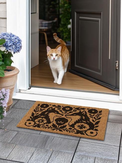 A rectangular, eco-friendly coir doormat with a natural, light brown tufted coconut fiber. Features a striking, symmetrical black folk-art design. In the center, two foxes face each other, noses touching, in a heraldic pose. They are surrounded by a dense, Scandinavian-style botanical border of stylized flowers, leaves, and branches, evoking a mystical woodland or dark cottagecore aesthetic. This witchy, Art Nouveau-inspired design serves as an elegant, gothic, or pagan piece of entryway decor.