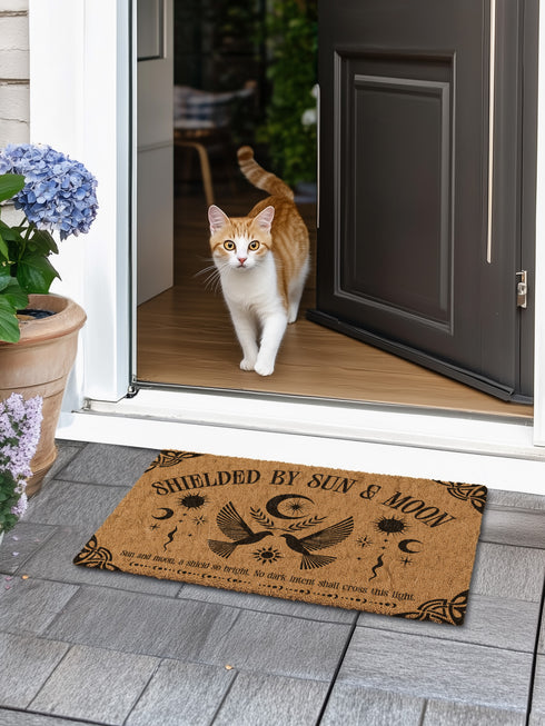 Natural coir doormat featuring two symmetrical doves beneath a crescent moon, surrounded by celestial and botanical accents. The phrase Shielded by Sun & Moon is stenciled above, with a protective incantation at the base. Non-slip vinyl backing for outdoor use.