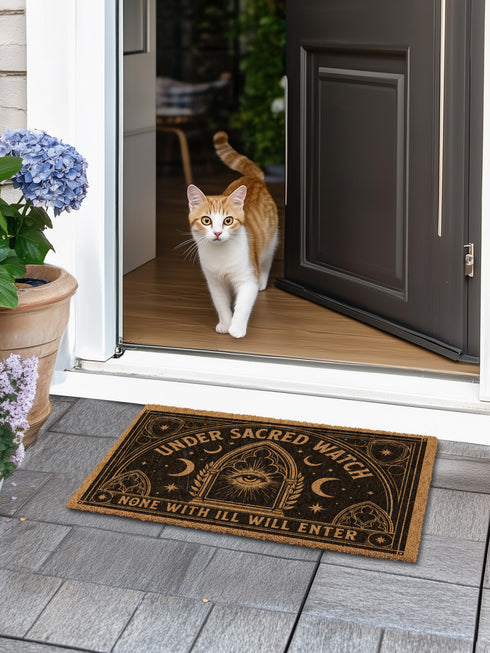 A rectangular coir doormat from Grimoire and Goblet featuring a central Eye of Providence within a Gothic arch. The text "UNDER SACRED WATCH" arcs above the design, while "NONE WITH ILL WILL ENTER" is horizontal. The design includes radiant sunburst lines, crescent moons, and eight-pointed stars. Symmetrical Art Nouveau botanicals and corner shields are printed in black on natural tan coconut fiber. This 24 by 16 inch threshold guardian warding mat has a black vinyl backing.