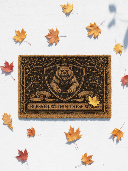 A rectangular eco-friendly coir doormat measuring 24 by 16 inches displayed on a stone porch. The natural golden-brown coconut fiber mat features a bold black graphic design of a heraldic bear head centered on a medieval knight's shield. Above and below the shield, Gothic-style typography reads BLESSED WITHIN THESE WALLS. The mat has a durable black vinyl non-slip backing. Ideal for Castlecore, Dark Academia, and Grimoire and Goblet style gothic home decor themes.