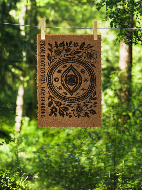 Rectangular 24x16 inch coconut coir doormat with a black vinyl backing. The mat features a central evil eye surrounded by botanical flowers, stars, and dots, with the phrase “From Root to Vein, I Am Guarded” printed at the bottom. Designed for outdoor use, with durable bristle texture for entryways or garden paths.