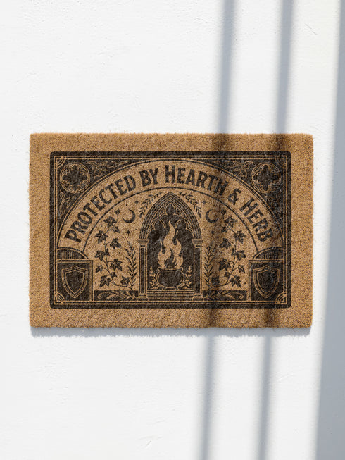 Rectangular coir doormat woven from natural brown coconut fiber with a bristly low pile. A bold black printed design fills the surface: a pointed archway frames a cast iron cauldron with rising flames at the center, flanked by winding ivy vines and small crescent moons. Arched lettering across the top reads PROTECTED BY HEARTH AND HERB. The four corners hold medieval shields and ornamental medallions, all enclosed by a thick black rectangular border with finished edges.