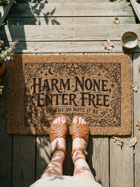 A rectangular natural coir doormat featuring the Wiccan Rede "An' It Harm None, Do What Ye Will" in a gothic dark academia style. The central typography is surrounded by symmetrical botanical flourishes and mystical symbols printed in high-contrast black ink. The 2D flat print mimics the look of a vintage grimoire page on the coarse, tan coconut fiber surface. The mat has a durable black vinyl backing and is pictured at a front door as a protective threshold guardian.