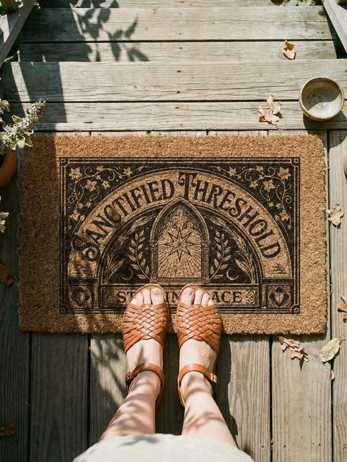Threshold Doormat featuring a black Gothic arched doorway design on natural tan coir. The design includes a central eight-pointed star sunburst octagram symbol inside the arch, flanked by symmetrical laurel branches and corner ivy vine filigree. This 24x16 protective threshold mat is made of eco-friendly coconut fiber with a stable black vinyl backing. Ideal as a witchy housewarming gift or dark academia entry rug, this warding mat functions as a symbolic threshold guardian for a mystical home.
