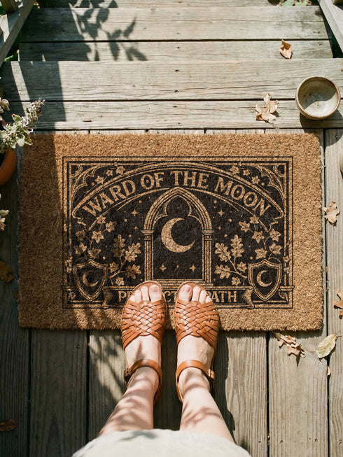 A rectangular natural tan doormat featuring a gothic celestial moon phase design in high-contrast black ink. The central crescent moon is detailed with mystical flourishes and surrounded by a symmetrical line of moon phases and twinkling stars. This 2D flat print is applied to coarse, tufted coconut coir fiber for a vintage grimoire aesthetic. The doormat includes a heavy-duty black vinyl non-slip backing and is designed as a functional accent for a dark academia or witchy porch entryway.