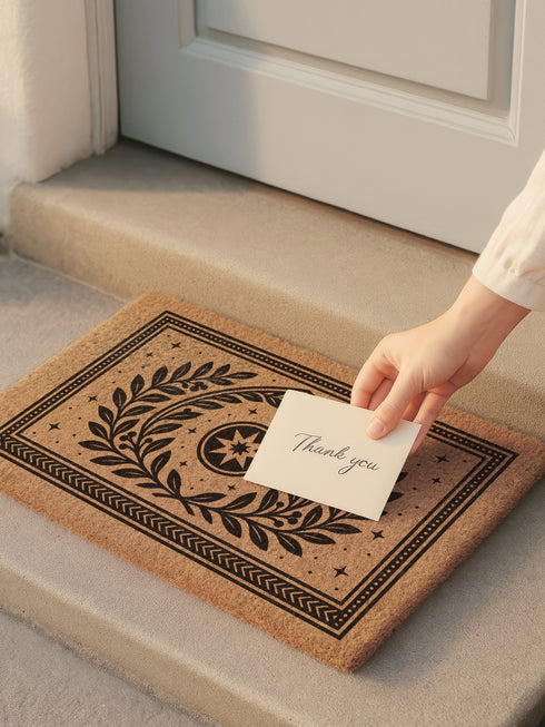 A rectangular natural coir doormat with a durable, non-slip black vinyl backing. The surface features an intricate black gothic-style design centered around an eight-pointed celestial star. This mystical symbol is encircled by a pointed arch formed from two botanical laurel branches, symbolizing wisdom and protection. The central motif is framed by a double border with geometric details and smaller stars. A perfect piece of spiritual home decor for a pagan or mystical entryway.