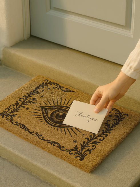 A 24x16 inch rectangular outdoor doormat made of eco-friendly coconut coir with a black vinyl backing. The mat features a central evil eye design radiating with detailed rays and surrounded by swirling ornamental scrollwork and small stars. Designed for witchy home entryways, it offers protection and style for porches, patios, and thresholds.