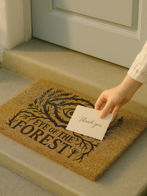 Rectangular coir doormat featuring black-ink artwork of a large all-seeing eye surrounded by branches, leaves, and forest flora. Beneath the design, the phrase “Eye of the Forest” is printed in bold serif font. Made from natural coconut coir with a vinyl backing, the mat measures 24 by 16 inches and is suitable for outdoor entryways.