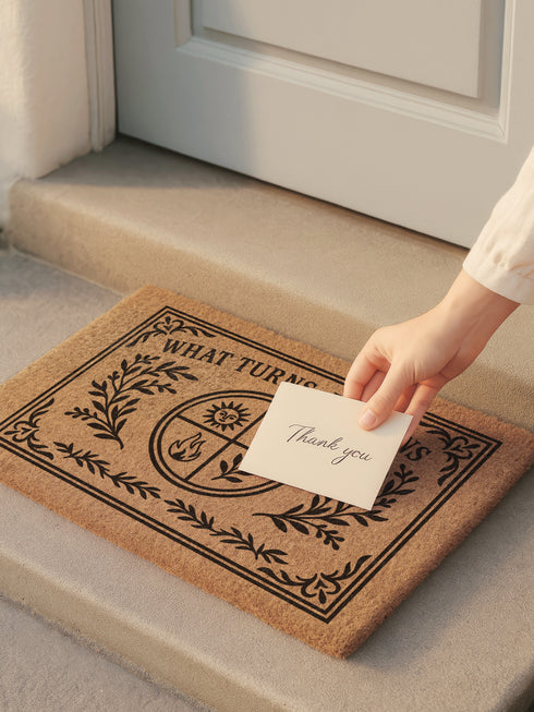 Natural coir doormat featuring "What Turns, Returns" text with sacred elemental symbolism including sun, crescent moon, flames, and botanical sprigs arranged in protective circular mandala design. Four classical elements represented in quadrants surrounded by intricate corner flourishes and leafy botanical borders. Perfect witchy welcome mat for pagan home decor, spiritual protection, and mystical entryway styling.