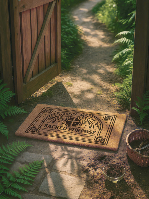 A rectangular eco-friendly coir doormat measuring 24×16 inches, shown on a dark stone entryway. Crafted from natural coconut fiber with a weather-resistant texture to grip dirt. Printed in bold black ink, it features a detailed Christian Gothic design: a central cross within an ornate circle, framed by cathedral arches. The top reads “CROSS WITH,” the bottom “SACRED PURPOSE,” all enclosed by a floral gothic border. Includes a black vinyl non-slip backing.