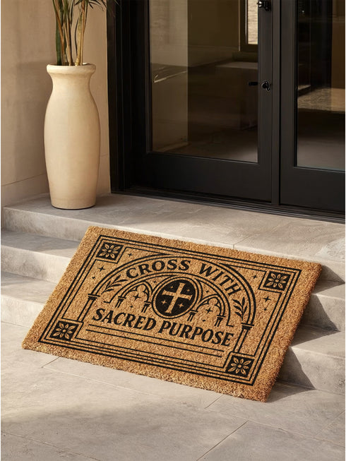A rectangular eco-friendly coir doormat measuring 24×16 inches, shown on a dark stone entryway. Crafted from natural coconut fiber with a weather-resistant texture to grip dirt. Printed in bold black ink, it features a detailed Christian Gothic design: a central cross within an ornate circle, framed by cathedral arches. The top reads “CROSS WITH,” the bottom “SACRED PURPOSE,” all enclosed by a floral gothic border. Includes a black vinyl non-slip backing.