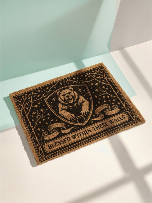 A rectangular eco-friendly coir doormat measuring 24 by 16 inches displayed on a stone porch. The natural golden-brown coconut fiber mat features a bold black graphic design of a heraldic bear head centered on a medieval knight's shield. Above and below the shield, Gothic-style typography reads BLESSED WITHIN THESE WALLS. The mat has a durable black vinyl non-slip backing. Ideal for Castlecore, Dark Academia, and Grimoire and Goblet style gothic home decor themes.