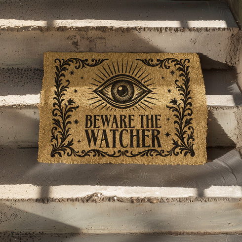 Coir doormat printed with “Beware the Watcher” in black ink, featuring a central all-seeing eye, ornate floral border, and star accents. Shown on outdoor stairs and entryways. Made from natural coconut fiber with black vinyl backing. A bold, mystical gift for witches, goth home lovers, and spiritual housewarmings.