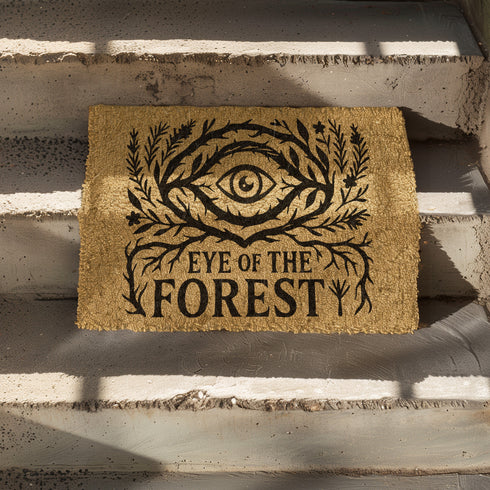 Rectangular coir doormat featuring black-ink artwork of a large all-seeing eye surrounded by branches, leaves, and forest flora. Beneath the design, the phrase “Eye of the Forest” is printed in bold serif font. Made from natural coconut coir with a vinyl backing, the mat measures 24 by 16 inches and is suitable for outdoor entryways.