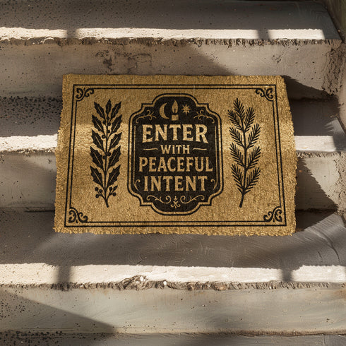 A rectangular tufted coir doormat from Grimoire and Goblet. The mat is a natural, textured brown, providing a high-contrast background for the black, gothic-style design. In the center, a decorative plaque, reminiscent of a vintage grimoire page, features the words "ENTER WITH PEACEFUL INTENT" in a serif font. Above the text is a small celestial crescent moon and star. Flanking the central plaque are two large, symmetrical botanical laurels or fern branches.