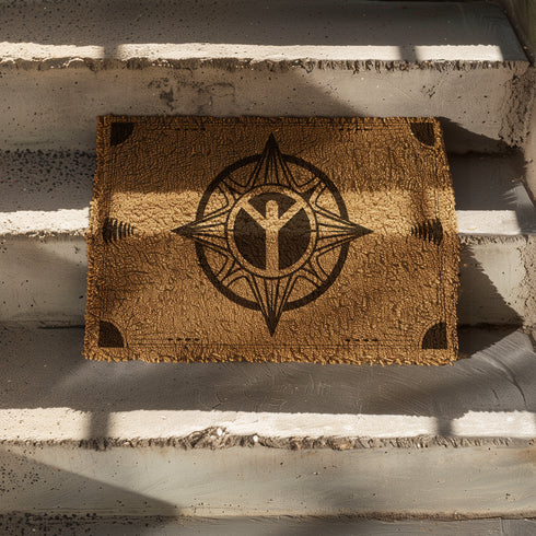 Natural tan coir doormat with large Algiz rune symbol inside an ornate compass design, surrounded by runic-inspired border elements, all in dark brown.