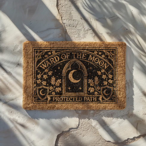 A rectangular natural tan doormat featuring a gothic celestial moon phase design in high-contrast black ink. The central crescent moon is detailed with mystical flourishes and surrounded by a symmetrical line of moon phases and twinkling stars. This 2D flat print is applied to coarse, tufted coconut coir fiber for a vintage grimoire aesthetic. The doormat includes a heavy-duty black vinyl non-slip backing and is designed as a functional accent for a dark academia or witchy porch entryway.