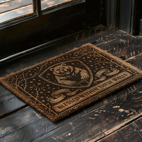 A rectangular eco-friendly coir doormat measuring 24 by 16 inches displayed on a stone porch. The natural golden-brown coconut fiber mat features a bold black graphic design of a heraldic bear head centered on a medieval knight's shield. Above and below the shield, Gothic-style typography reads BLESSED WITHIN THESE WALLS. The mat has a durable black vinyl non-slip backing. Ideal for Castlecore, Dark Academia, and Grimoire and Goblet style gothic home decor themes.