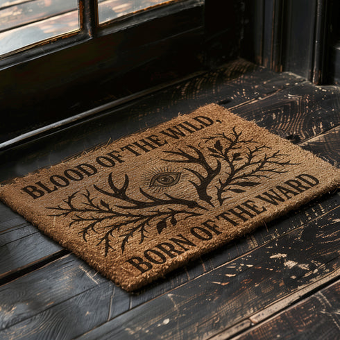 Rectangular coir doormat measuring 24x16 inches featuring black printed text reading “Blood of the Wild, Born of the Ward” with an all-seeing eye symbol and antler-branch illustration. Made from natural coconut fiber with a durable black vinyl backing, this outdoor doormat is weather-resistant and ideal for gothic, witchy, or folklore-inspired entryways.