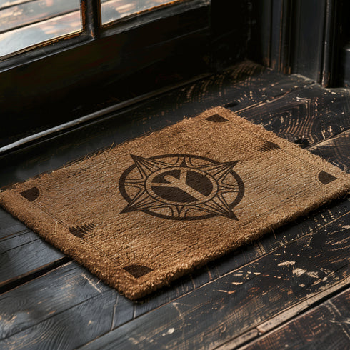 Natural tan coir doormat with large Algiz rune symbol inside an ornate compass design, surrounded by runic-inspired border elements, all in dark brown.