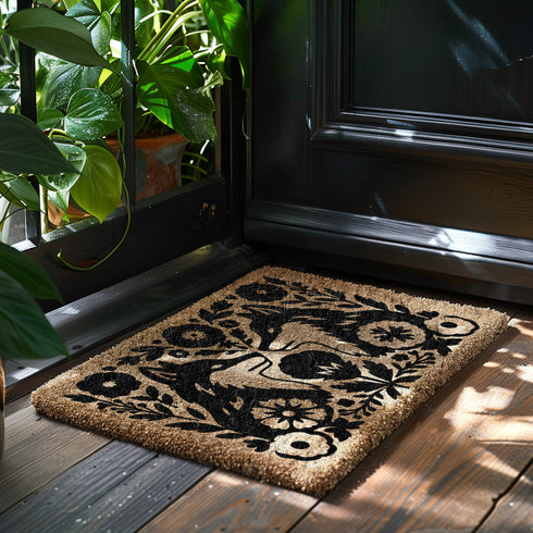 A rectangular, eco-friendly coir doormat with a natural, light brown tufted coconut fiber. Features a striking, symmetrical black folk-art design. In the center, two foxes face each other, noses touching, in a heraldic pose. They are surrounded by a dense, Scandinavian-style botanical border of stylized flowers, leaves, and branches, evoking a mystical woodland or dark cottagecore aesthetic. This witchy, Art Nouveau-inspired design serves as an elegant, gothic, or pagan piece of entryway decor.