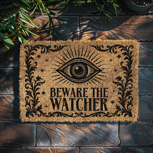 Coir doormat printed with “Beware the Watcher” in black ink, featuring a central all-seeing eye, ornate floral border, and star accents. Shown on outdoor stairs and entryways. Made from natural coconut fiber with black vinyl backing. A bold, mystical gift for witches, goth home lovers, and spiritual housewarmings.