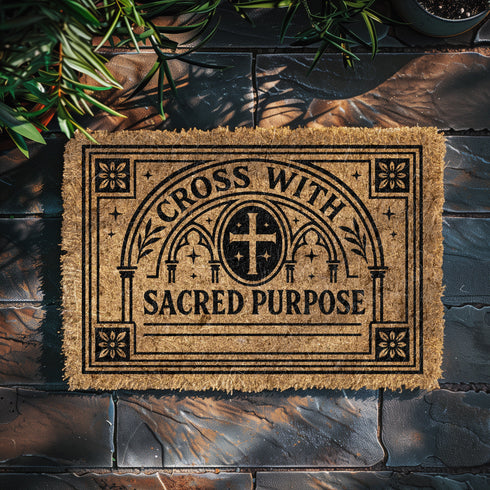 A rectangular eco-friendly coir doormat measuring 24×16 inches, shown on a dark stone entryway. Crafted from natural coconut fiber with a weather-resistant texture to grip dirt. Printed in bold black ink, it features a detailed Christian Gothic design: a central cross within an ornate circle, framed by cathedral arches. The top reads “CROSS WITH,” the bottom “SACRED PURPOSE,” all enclosed by a floral gothic border. Includes a black vinyl non-slip backing.