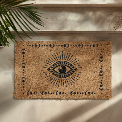 Rectangular coir doormat with central evil eye symbol surrounded by lunar phases, in natural tan with black designs.