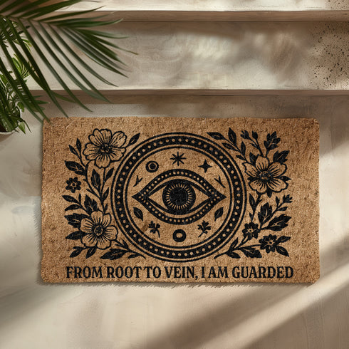 Rectangular 24x16 inch coconut coir doormat with a black vinyl backing. The mat features a central evil eye surrounded by botanical flowers, stars, and dots, with the phrase “From Root to Vein, I Am Guarded” printed at the bottom. Designed for outdoor use, with durable bristle texture for entryways or garden paths.