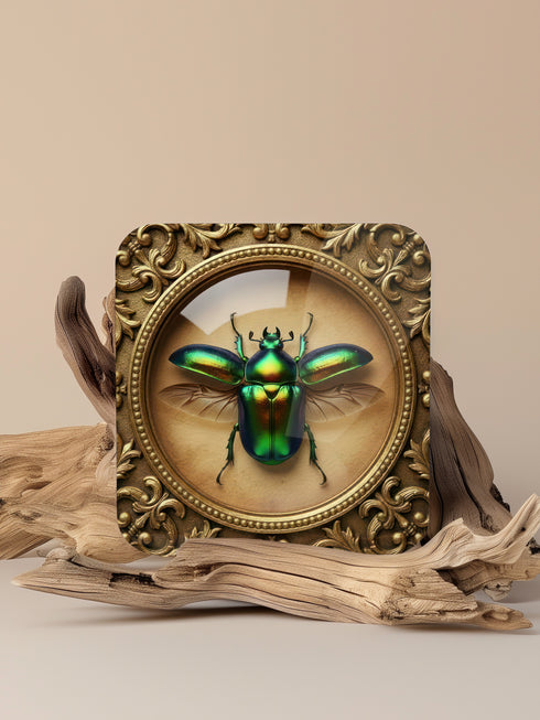 Set of four luxury coasters featuring taxidermy inspired specimen entomology art, showcasing detailed illustrations of beetles and dragonflies encapsulated within ornate, gold baroque frames. The square drink coasters are crafted from masonite hardboard with a waterproof high-gloss finish, protecting delicate surfaces during dining rituals. Essential gothic barware, complementing any fine cocktail, esoteric tea, or wine served in a Goblet. A premium curio cabinet accent by Grimoire and Goblet.