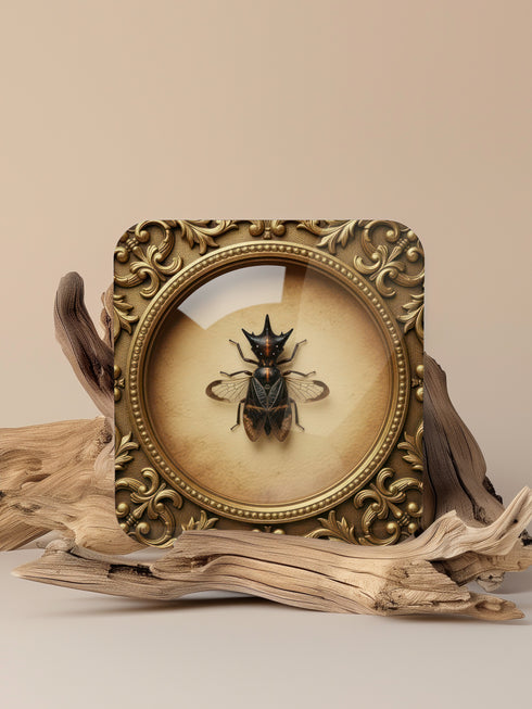 Set of four luxury coasters featuring taxidermy inspired specimen entomology art, showcasing detailed illustrations of beetles and dragonflies encapsulated within ornate, gold baroque frames. The square drink coasters are crafted from masonite hardboard with a waterproof high-gloss finish, protecting delicate surfaces during dining rituals. Essential gothic barware, complementing any fine cocktail, esoteric tea, or wine served in a Goblet. A premium curio cabinet accent by Grimoire and Goblet.