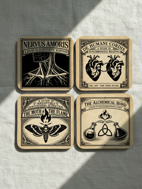 Set of four 4-inch square anatomical love coasters by Grimoire and Goblet. Each coaster features a black ink illustration on an antique tan parchment background in a Victorian scientific style. Designs include linked anatomical hearts for "De Humani Cordis," a triquetra and alchemy flasks for "The Alchemical Bond," a Death's Head moth for "The Moth & The Flame," and a study of neck nerves for "Nervus Amoris." Ideal for a Victorian grimoire aesthetic and gothic romance home bar decor.