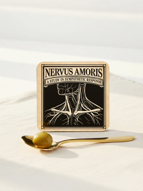 Set of four 4-inch square anatomical love coasters by Grimoire and Goblet. Each coaster features a black ink illustration on an antique tan parchment background in a Victorian scientific style. Designs include linked anatomical hearts for "De Humani Cordis," a triquetra and alchemy flasks for "The Alchemical Bond," a Death's Head moth for "The Moth & The Flame," and a study of neck nerves for "Nervus Amoris." Ideal for a Victorian grimoire aesthetic and gothic romance home bar decor.