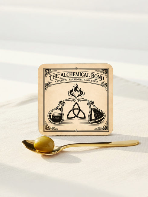 Set of four 4-inch square anatomical love coasters by Grimoire and Goblet. Each coaster features a black ink illustration on an antique tan parchment background in a Victorian scientific style. Designs include linked anatomical hearts for "De Humani Cordis," a triquetra and alchemy flasks for "The Alchemical Bond," a Death's Head moth for "The Moth & The Flame," and a study of neck nerves for "Nervus Amoris." Ideal for a Victorian grimoire aesthetic and gothic romance home bar decor.