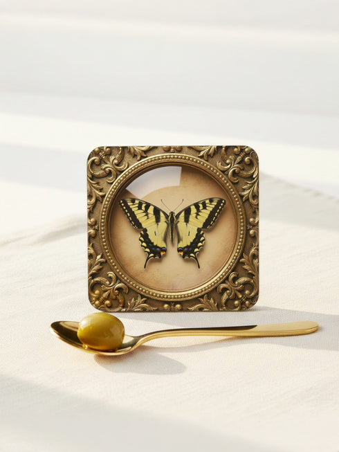Set of four Gothic Entomology Coasters featuring square, ornate gold frames surrounding taxidermy-inspired butterfly and moth specimen prints in high-gloss finish. Ideal barware from Grimoire and Goblet for Dark Academia and witchy home decor.