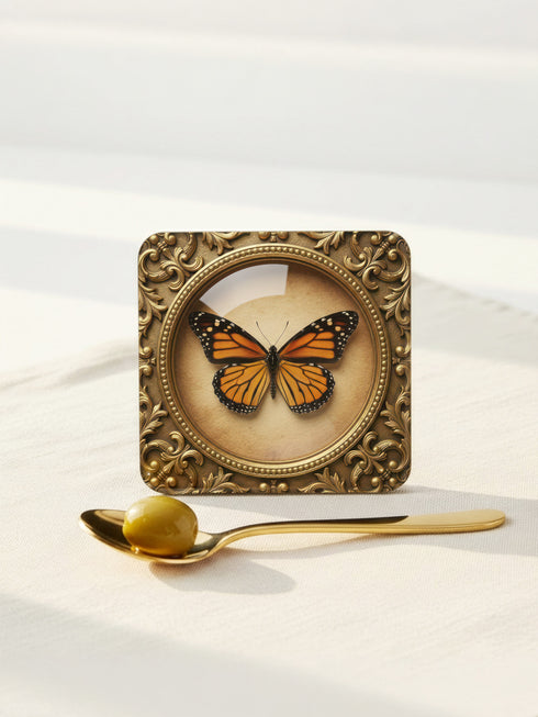 Set of four Gothic Entomology Coasters featuring square, ornate gold frames surrounding taxidermy-inspired butterfly and moth specimen prints in high-gloss finish. Ideal barware from Grimoire and Goblet for Dark Academia and witchy home decor.