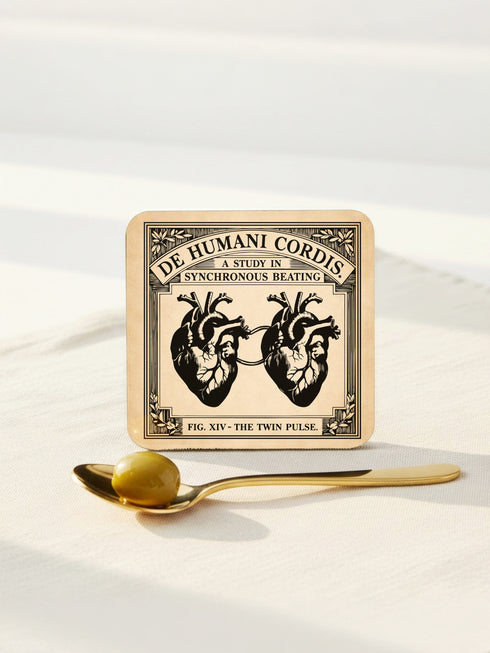 Set of four 4-inch square anatomical love coasters by Grimoire and Goblet. Each coaster features a black ink illustration on an antique tan parchment background in a Victorian scientific style. Designs include linked anatomical hearts for "De Humani Cordis," a triquetra and alchemy flasks for "The Alchemical Bond," a Death's Head moth for "The Moth & The Flame," and a study of neck nerves for "Nervus Amoris." Ideal for a Victorian grimoire aesthetic and gothic romance home bar decor.
