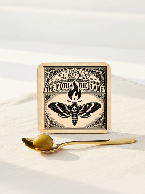 Set of four 4-inch square anatomical love coasters by Grimoire and Goblet. Each coaster features a black ink illustration on an antique tan parchment background in a Victorian scientific style. Designs include linked anatomical hearts for "De Humani Cordis," a triquetra and alchemy flasks for "The Alchemical Bond," a Death's Head moth for "The Moth & The Flame," and a study of neck nerves for "Nervus Amoris." Ideal for a Victorian grimoire aesthetic and gothic romance home bar decor.