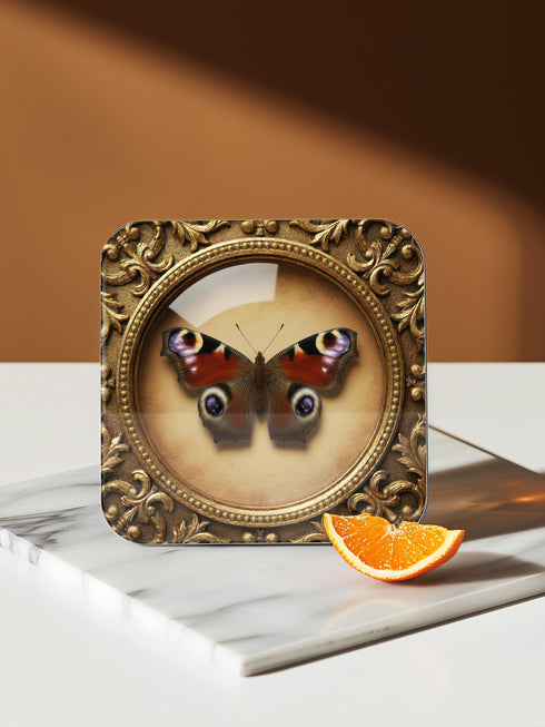 Grimoire and Goblet offers this luxury four-piece square Coaster Set featuring glossy, dome-covered, Taxidermy-inspired Entomology butterfly specimens, framed in ornate Victorian Gothic style. The resilient hardboard foundation and non-slip cork backing provide premium, waterproof protection for fine cocktails and esoteric teas. The collection includes purple, green, white, and peacock butterfly art, ideal for Dark Academia, Oddity, and Curio Cabinet decor.