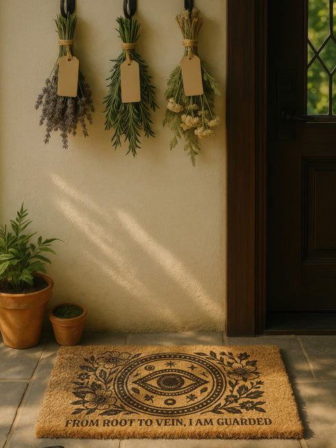Rectangular 24x16 inch coconut coir doormat with a black vinyl backing. The mat features a central evil eye surrounded by botanical flowers, stars, and dots, with the phrase “From Root to Vein, I Am Guarded” printed at the bottom. Designed for outdoor use, with durable bristle texture for entryways or garden paths.