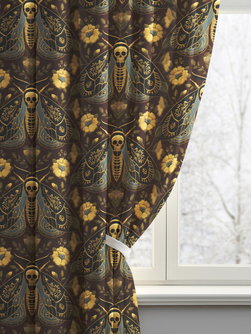 Grimoire and Goblet blackout curtains featuring a repeating Death's Head Moth pattern. The design utilizes a trompe-l'œil effect to mimic raised gold embroidery on a deep espresso brown background. The moths feature skull thoraxes and slate blue wings, surrounded by antique gold peonies and vines in a symmetrical damask layout. The fabric is a smooth, satiny heavyweight polyester with a white reverse side, offering light-blocking functionality.